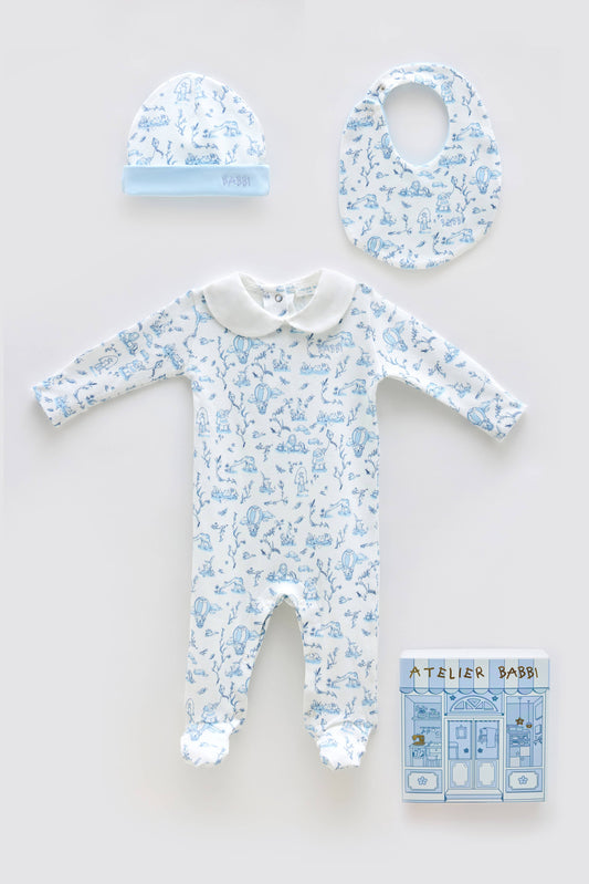 3-Piece Newborn Set with Gift Box – Toile De Jouy / Blue