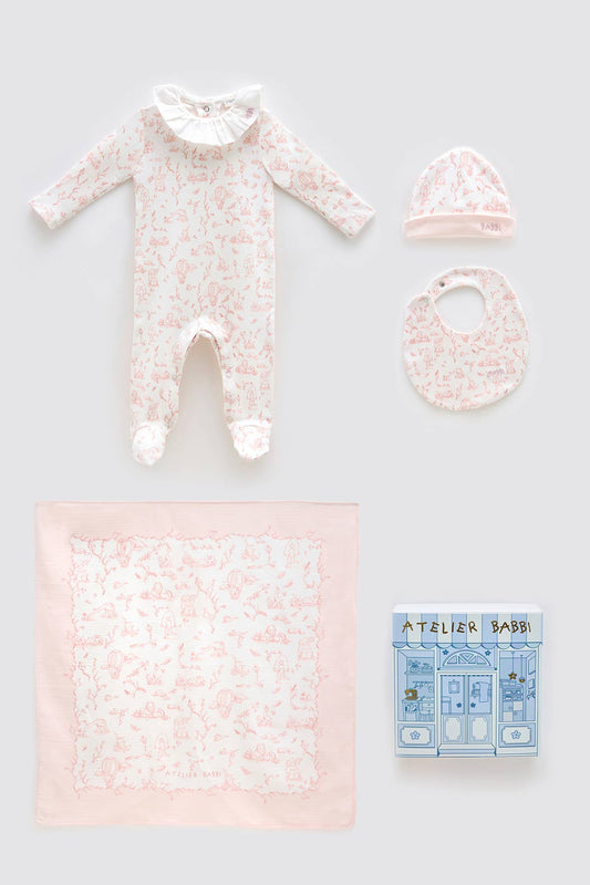 4-Piece Newborn Set with Gift Box – Toile De Jouy / Pink
