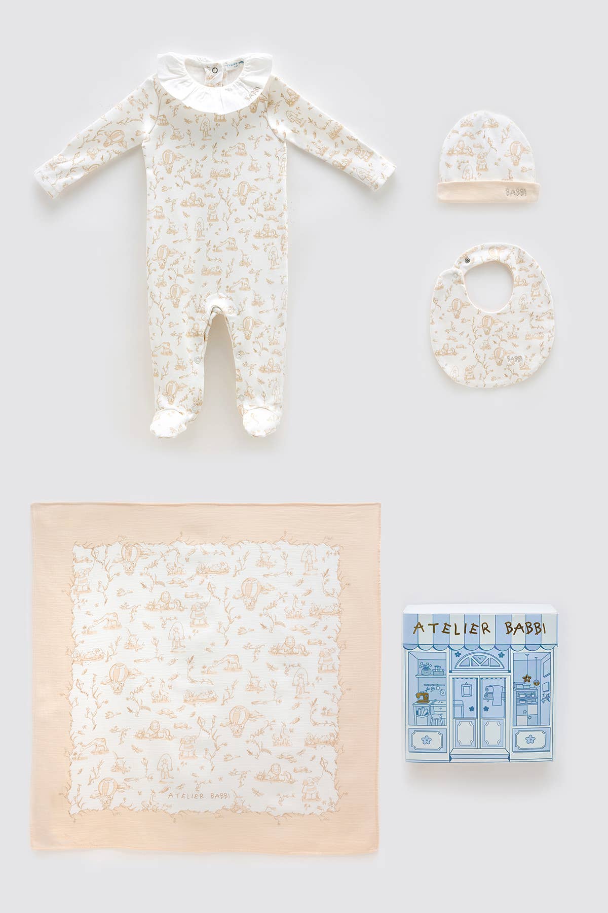 4-Piece Newborn Gift Set with Box –  Toile De Jouy / Beige